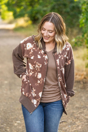 Ramona Ribbed Floral Zip Up Hooded Bomber Jacket - Brown by Michelle Mae