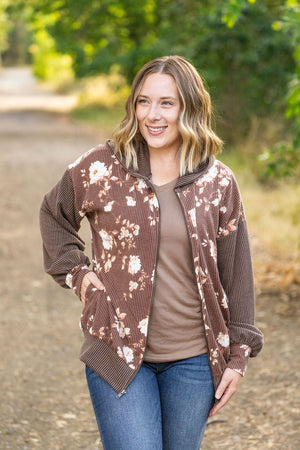 Ramona Ribbed Floral Zip Up Hooded Bomber Jacket - Brown by Michelle Mae