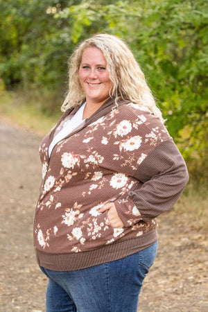 Ramona Ribbed Floral Zip Up Hooded Bomber Jacket - Brown by Michelle Mae