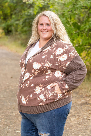 Ramona Ribbed Floral Zip Up Hooded Bomber Jacket - Brown by Michelle Mae