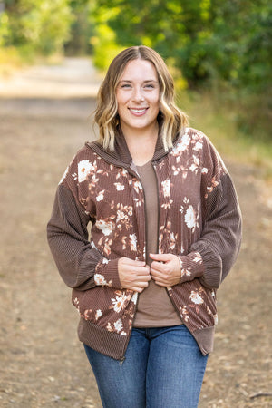 Ramona Ribbed Floral Zip Up Hooded Bomber Jacket - Brown by Michelle Mae