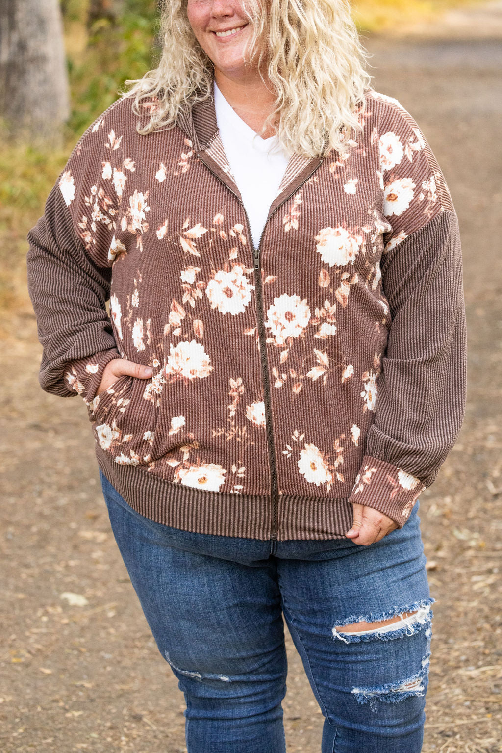 Ramona Ribbed Floral Zip Up Hooded Bomber Jacket - Brown by Michelle Mae