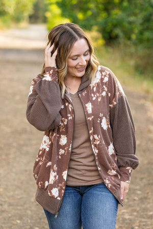 Ramona Ribbed Floral Zip Up Hooded Bomber Jacket - Brown by Michelle Mae