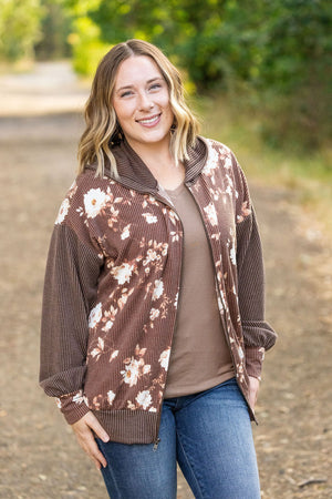 Ramona Ribbed Floral Zip Up Hooded Bomber Jacket - Brown by Michelle Mae