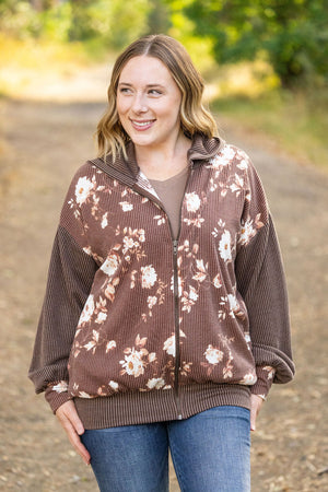 Ramona Ribbed Floral Zip Up Hooded Bomber Jacket - Brown by Michelle Mae