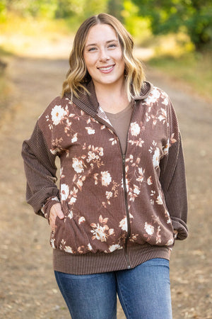 Ramona Ribbed Floral Zip Up Hooded Bomber Jacket - Brown by Michelle Mae