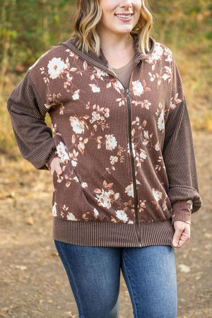 Ramona Ribbed Floral Zip Up Hooded Bomber Jacket - Brown by Michelle Mae