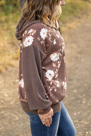 Ramona Ribbed Floral Zip Up Hooded Bomber Jacket - Brown by Michelle Mae