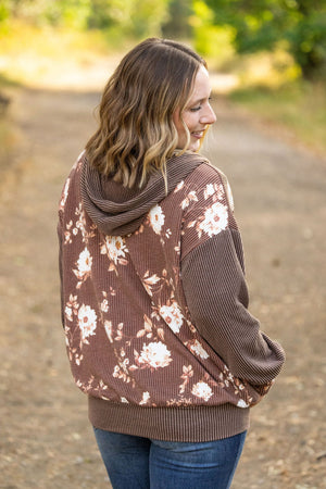 Ramona Ribbed Floral Zip Up Hooded Bomber Jacket - Brown by Michelle Mae