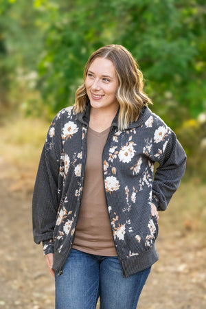 Ramona Ribbed Floral Zip Up Hooded Bomber Jacket - Black by Michelle Mae