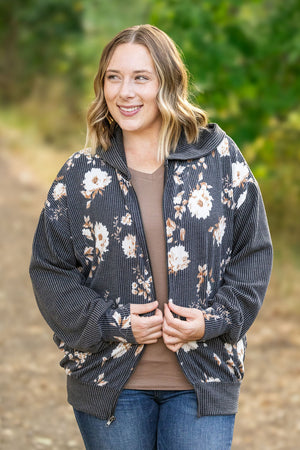 Ramona Ribbed Floral Zip Up Hooded Bomber Jacket - Black by Michelle Mae