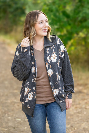 Ramona Ribbed Floral Zip Up Hooded Bomber Jacket - Black by Michelle Mae