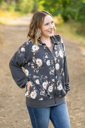 Ramona Ribbed Floral Zip Up Hooded Bomber Jacket - Black by Michelle Mae