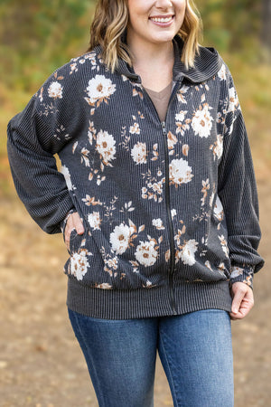 Ramona Ribbed Floral Zip Up Hooded Bomber Jacket - Black by Michelle Mae