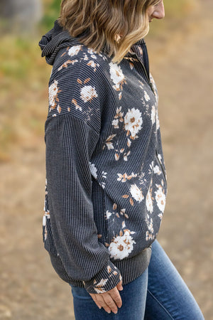 Ramona Ribbed Floral Zip Up Hooded Bomber Jacket - Black by Michelle Mae