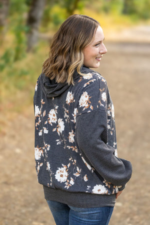 Ramona Ribbed Floral Zip Up Hooded Bomber Jacket - Black by Michelle Mae