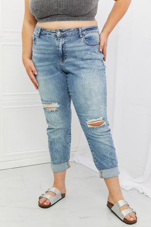 Judy Blue Mid Rise Destroyed Paisley Print Boyfriend Jeans