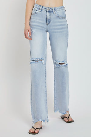 RISEN High Rise Distressed Wide Leg Light Wash Jeans