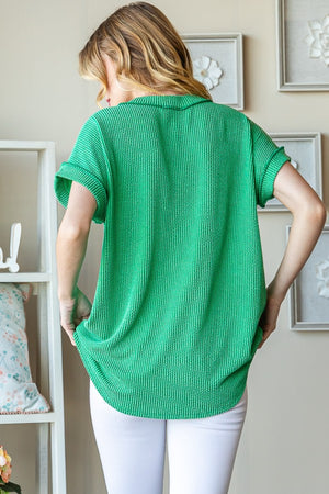 Front Pocket Exposed Seam Short Sleeve Ribbed Top - Kelly Green