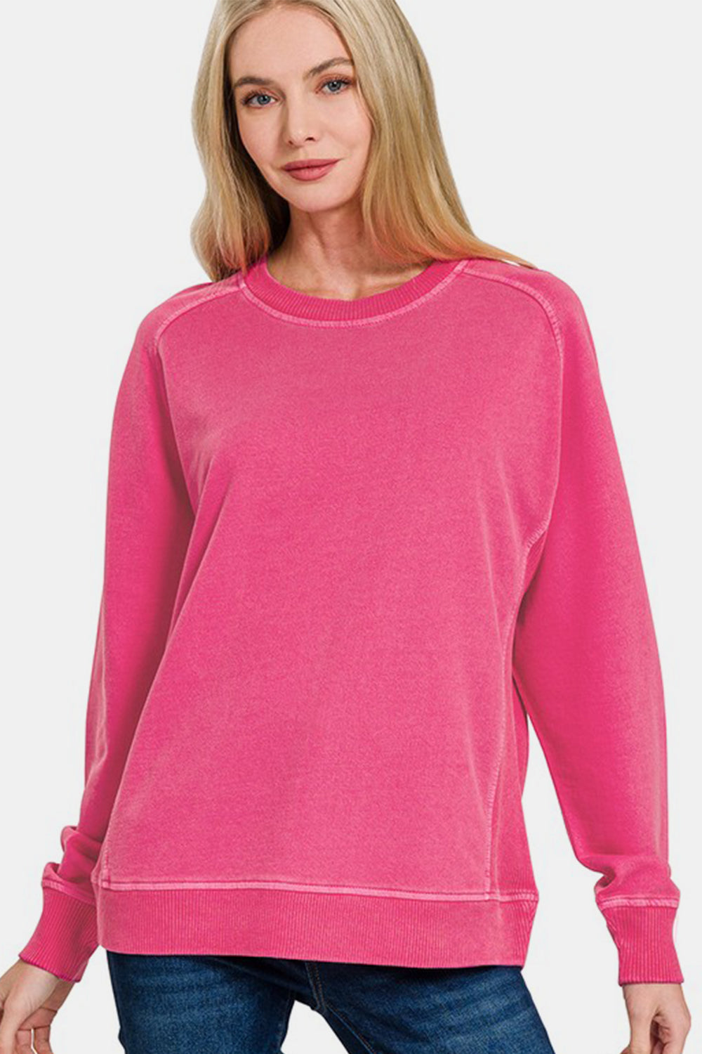 Zenana Pigment Dyed French Terry Sweatshirt Hot Pink