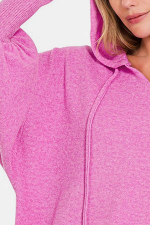 Zenana Brushed Hacci Drop Shoulder Cropped Hoodie Bright Mauve