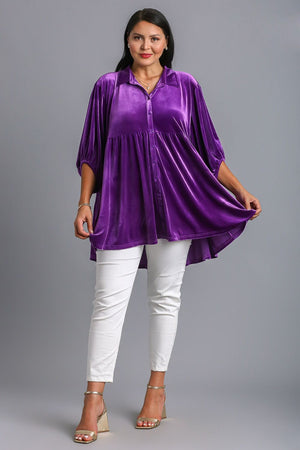 Button Down Tiered Back High Low Velvet Shirt Violet