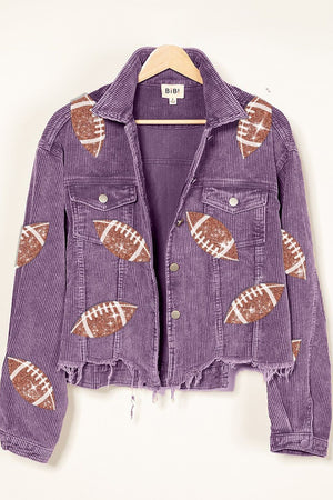 Football Sequin Embroidery Washed Corduroy Jacket in Violet