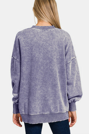 Zenana High Low Acid Wash Fleece Sweatshirt Purple