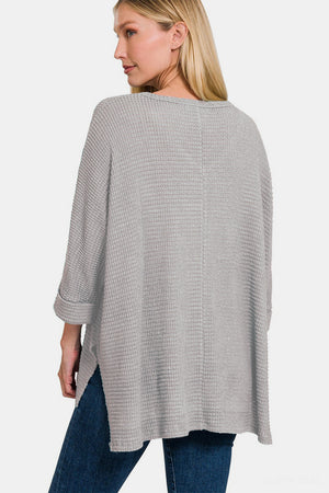 Zenana Waffle Knit V-Neck Long Sleeve Slit Top Grey