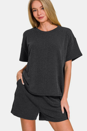 Zenana Rib Short Sleeve T-Shirt and Shorts Set Black