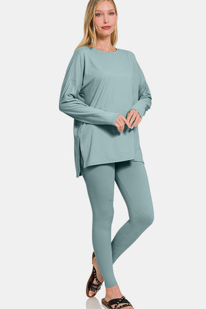 Zenana Buttery Soft Top and Leggings Lounge Set Blue Grey