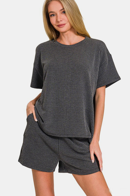 Zenana Rib Short Sleeve T-Shirt and Shorts Set Dark Gray