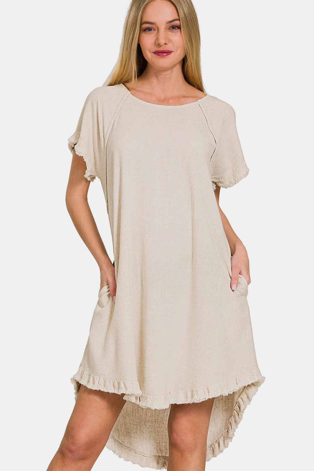 Zenana Fringe Edge High Low Flowy Dress with Pockets Beige