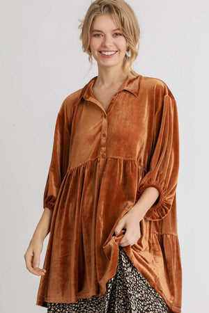 Button Down Tiered Back High Low Velvet Shirt in Terracotta