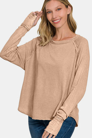 Zenana Round Neck Thumbhole Long Sleeve T-Shirt Ash Mocha