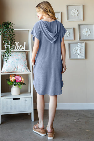 Ribbed Short Sleeve Hooded Dress Vintage Denim