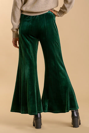 High Rise Elastic Waist Velvet Flare Pants in Dark Green