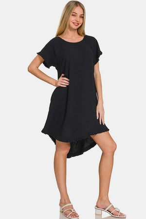 Zenana Fringe Edge High Low Flowy Dress with Pockets Black