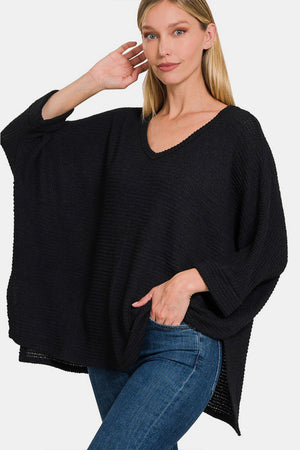 Zenana Waffle Knit V-Neck Long Sleeve Slit Top Black