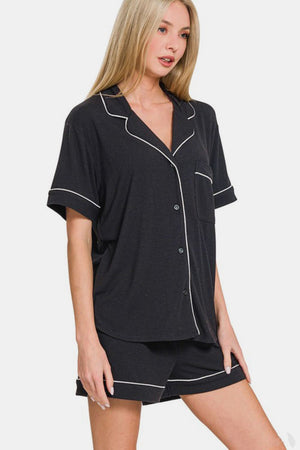 Zenana Button Down Short Sleeve Top and Shorts Lounge Set Black