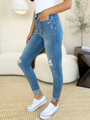Judy Blue Mid Rise Destressed & Cuffed Skinny Jeans