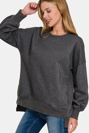 Zenana High-Low Acid Wash Fleece Sweatshirt Black