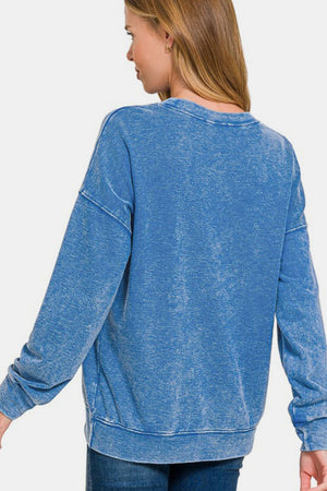 Zenana Washed Round Neck Dropped Shoulder Sweatshirt Blue