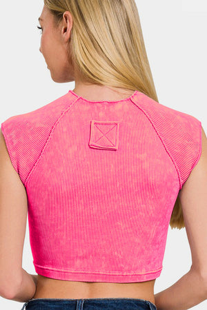 Zenana Ribbed Round Neck Cropped Mineral Wash Top Hot Pink