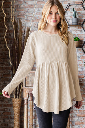 Round Neck Long Sleeve Ribbed Babydoll Top Cream