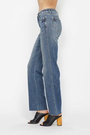 Judy Blue Mid Rise Tummy Control Vintage Raw Hem Straight Leg Jeans