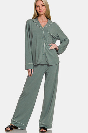 Zenana Button Down Long Sleeve Top and Pants Lounge Set Sage