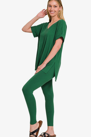 Zenana Buttery Soft V-Neck Rolled Short Sleeve T-Shirt and Leggings Lounge Set Dk Green