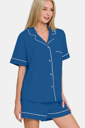 Zenana Button Down Short Sleeve Top and Shorts Lounge Set Blue