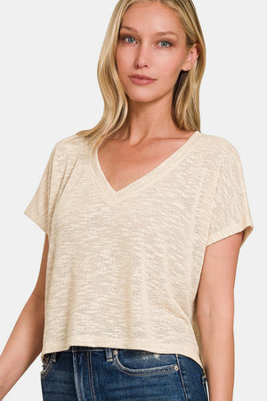 Zenana V-Neck Short Sleeve Crop T-Shirt in Sand Beige